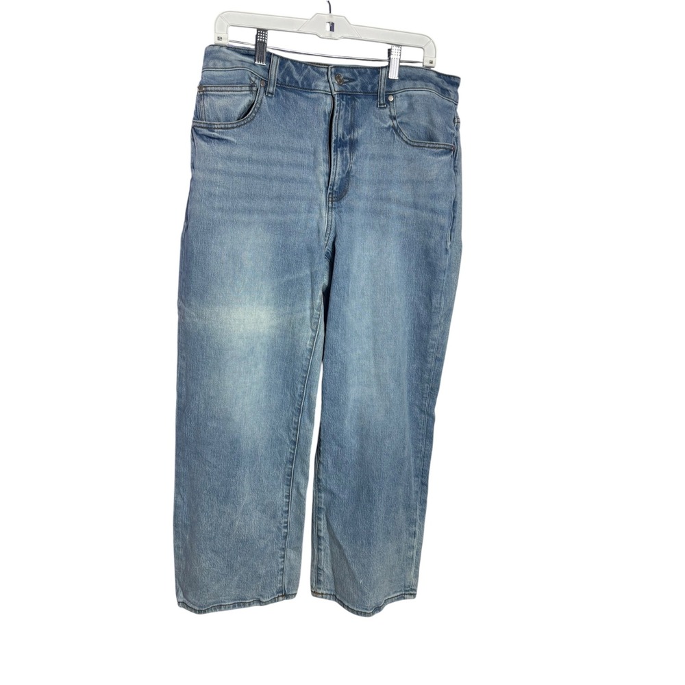 Quince women's 32 comfort stretch high rise cropped wide leg jeans light wash